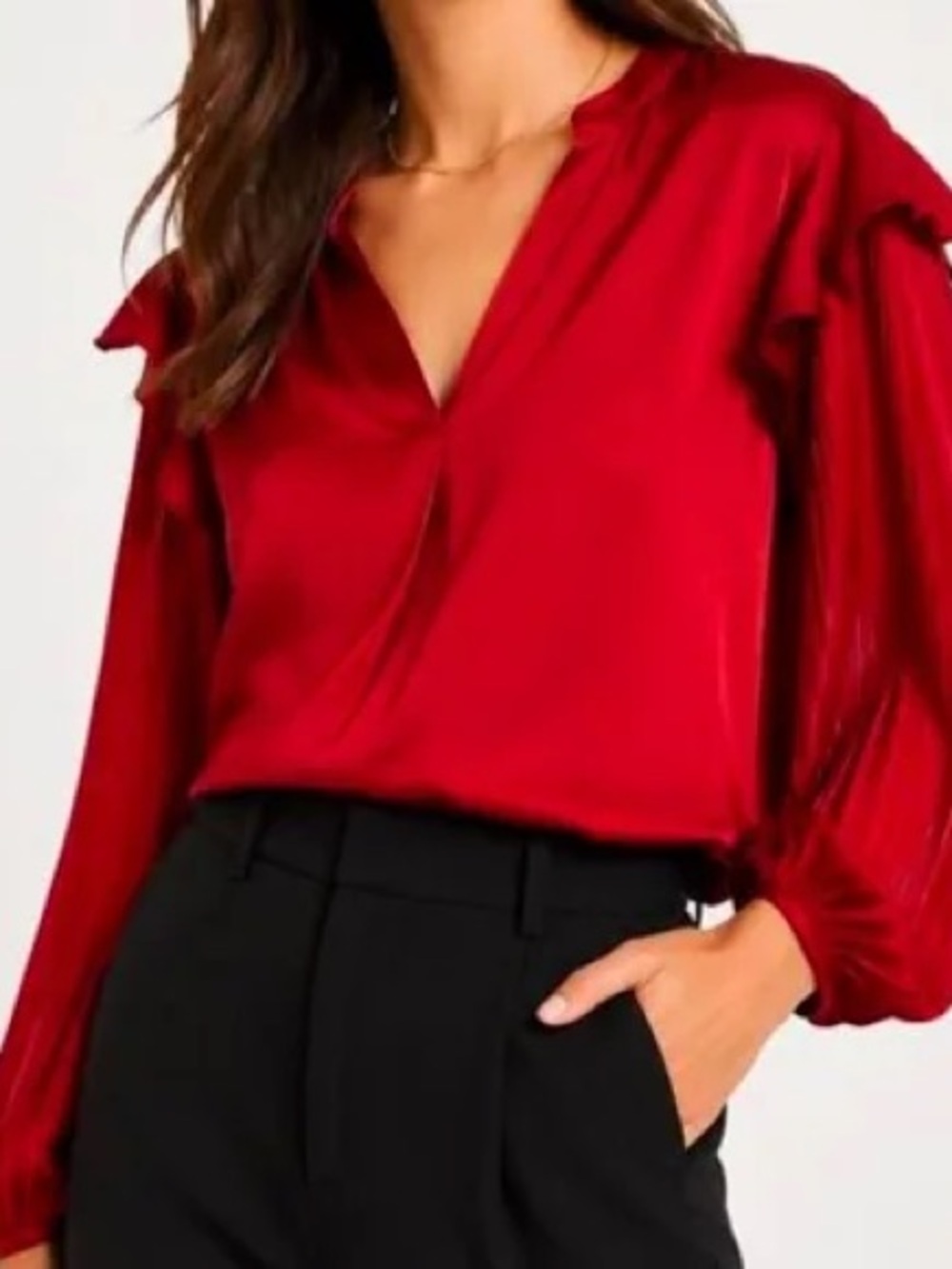 dolan Satin Deep Red V-Neck Blouse with Ruffled Shoulders